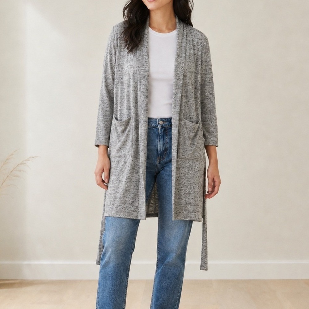 Banana Republic Cardigan Women XS Grey Marl Longline Belted Soft Knit Cozy Robe